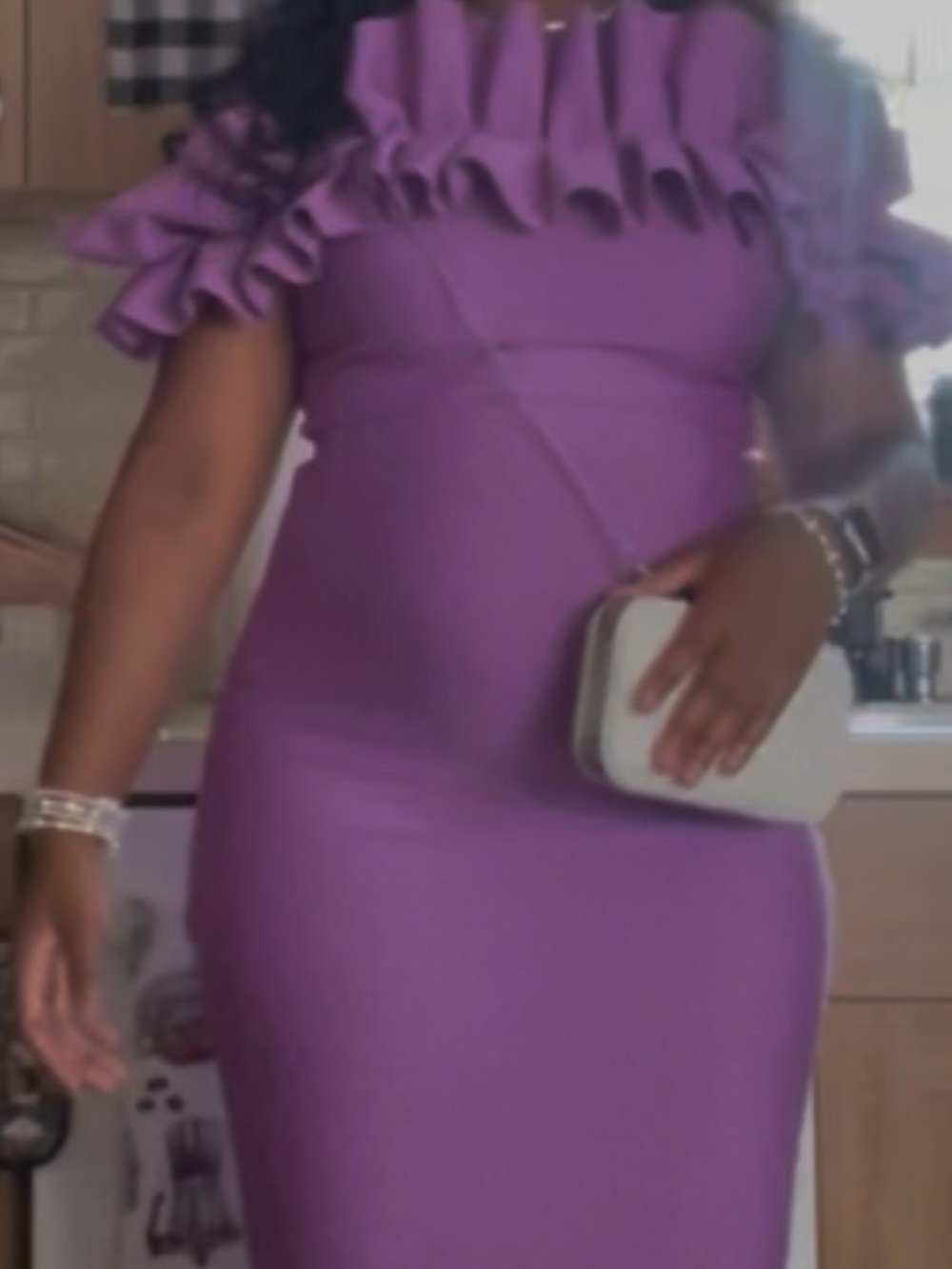 Fashion Nova Lavender Ruffle-Shoulder Midi Bodycon Dress